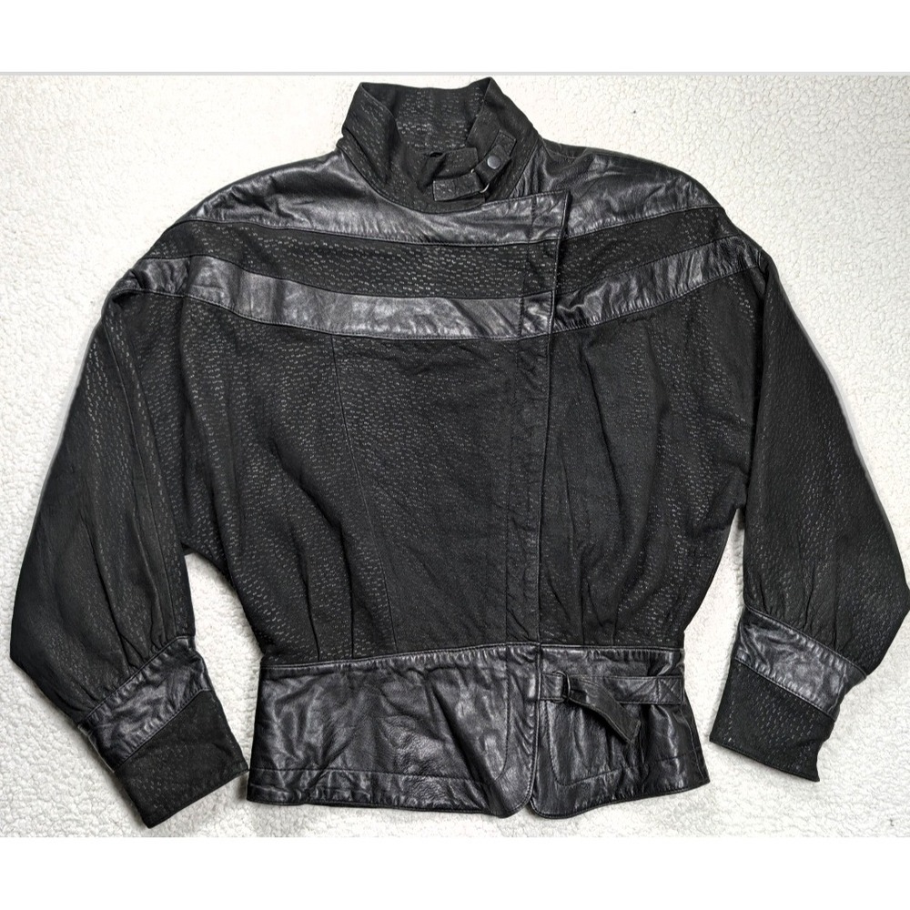 Vintage Womens Leather Jacket 80s Cropped Mixed Texture Black Batwing Moto 38